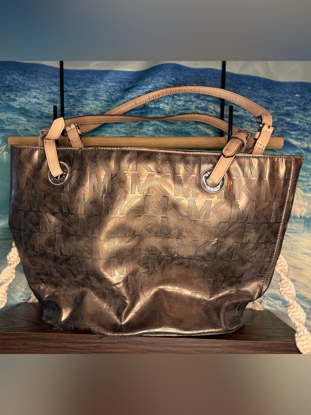 Michael Kors Metallic Bronze MK Tote with Tan Handles